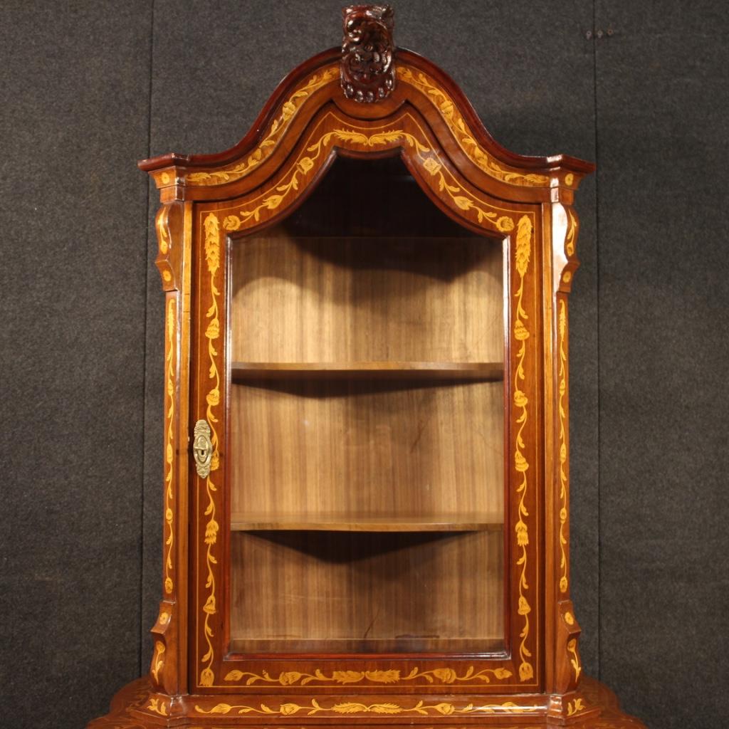 20th Century Walnut Maple Beech Inlaid Wood Dutch Display Cabinet, 1960 1