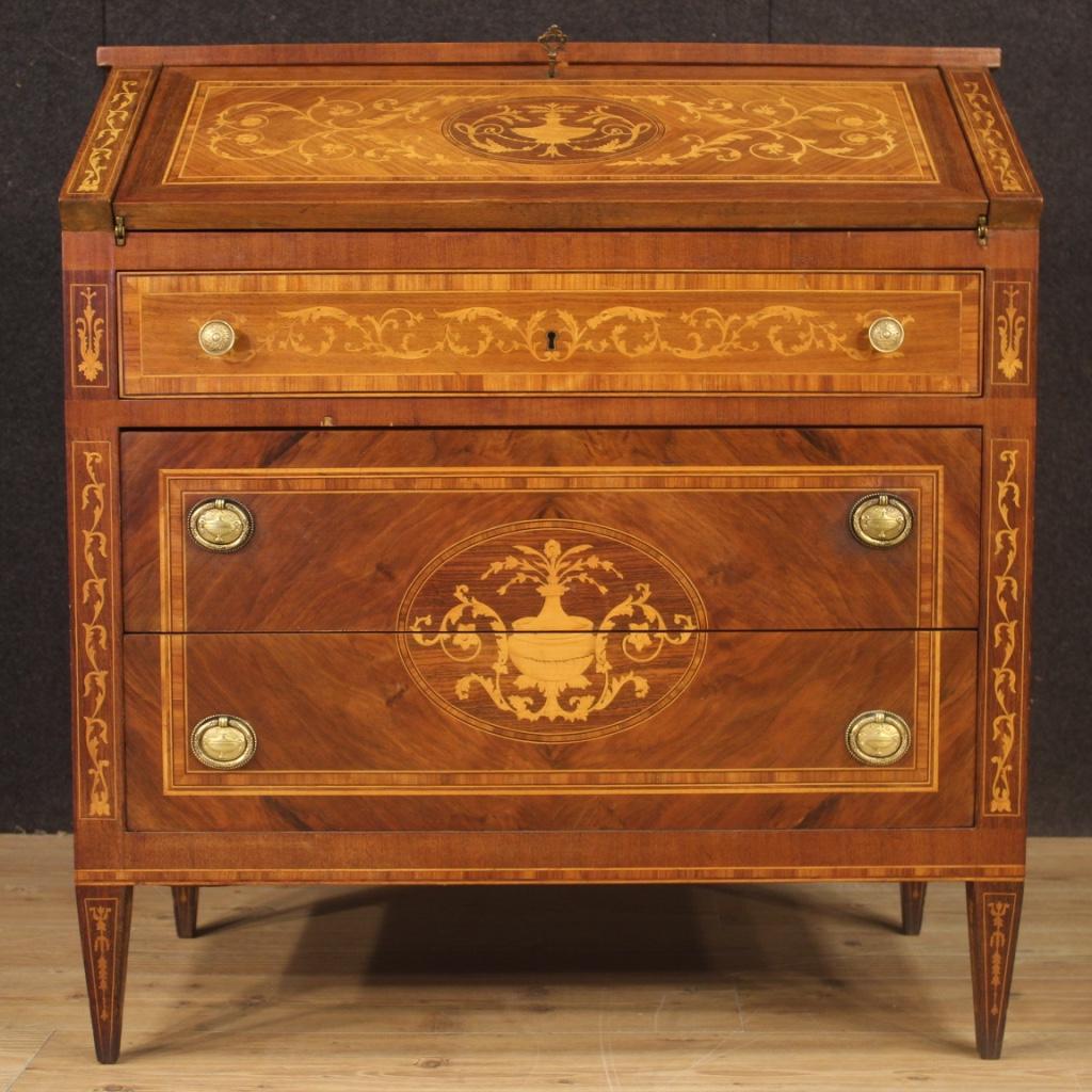 20th Century Walnut Maple Rosewood Inlaid Italian Louis XVI Style Bureau, 1960 2