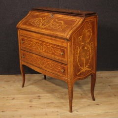20th Century Walnut Rosewood Mahogany Inlaid Wood Italian Bureau Desk, 1960