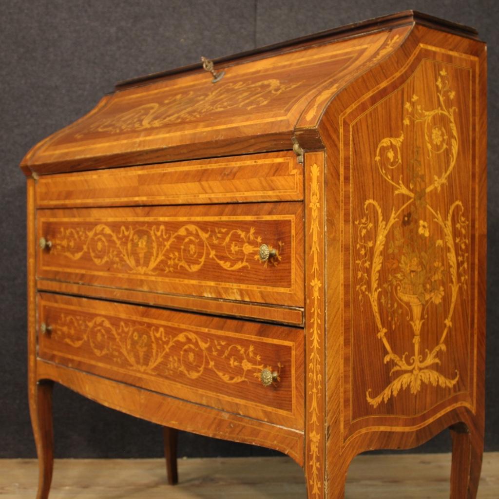 Inlay 20th Century Walnut Rosewood Mahogany Inlaid Wood Italian Bureau Desk, 1960