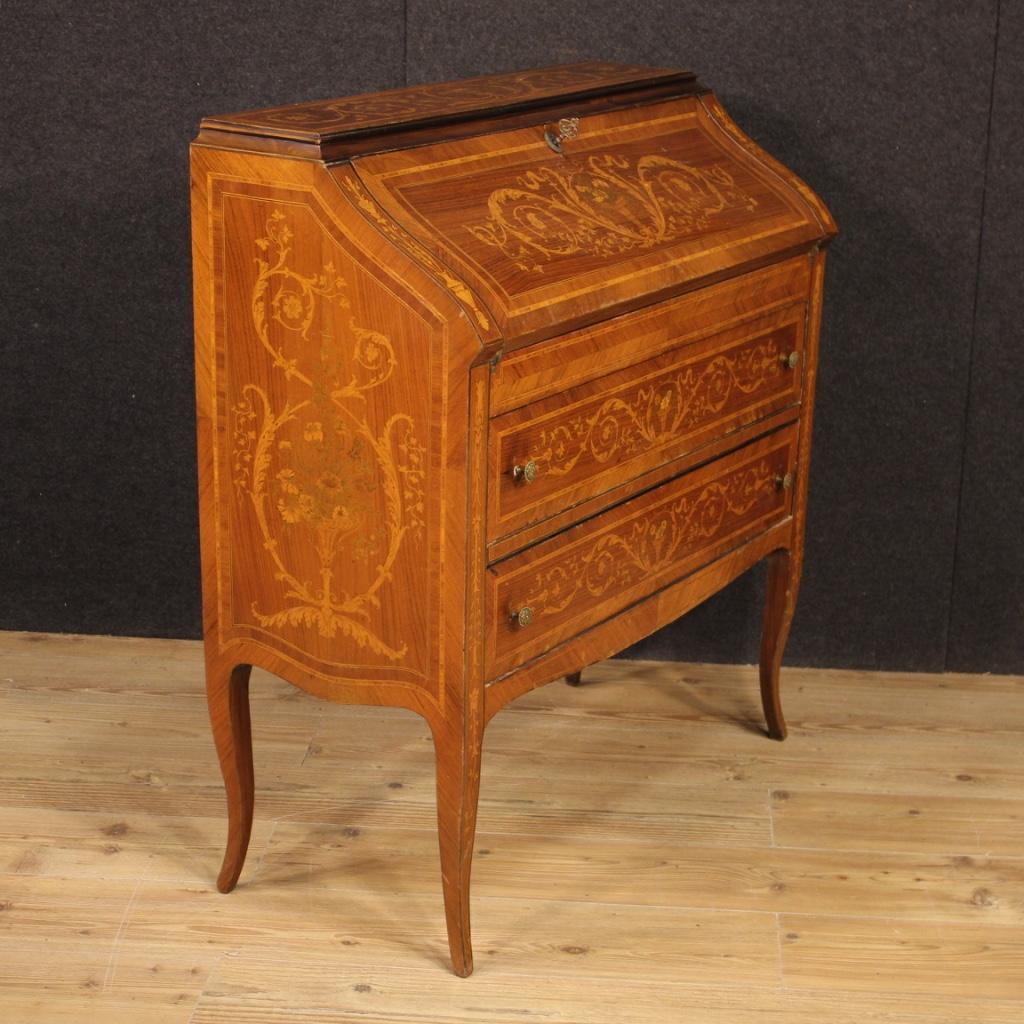 20th Century Walnut Rosewood Mahogany Inlaid Wood Italian Bureau Desk, 1960 1