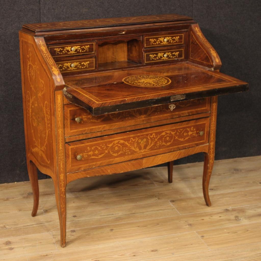 20th Century Walnut Rosewood Mahogany Inlaid Wood Italian Bureau Desk, 1960 2