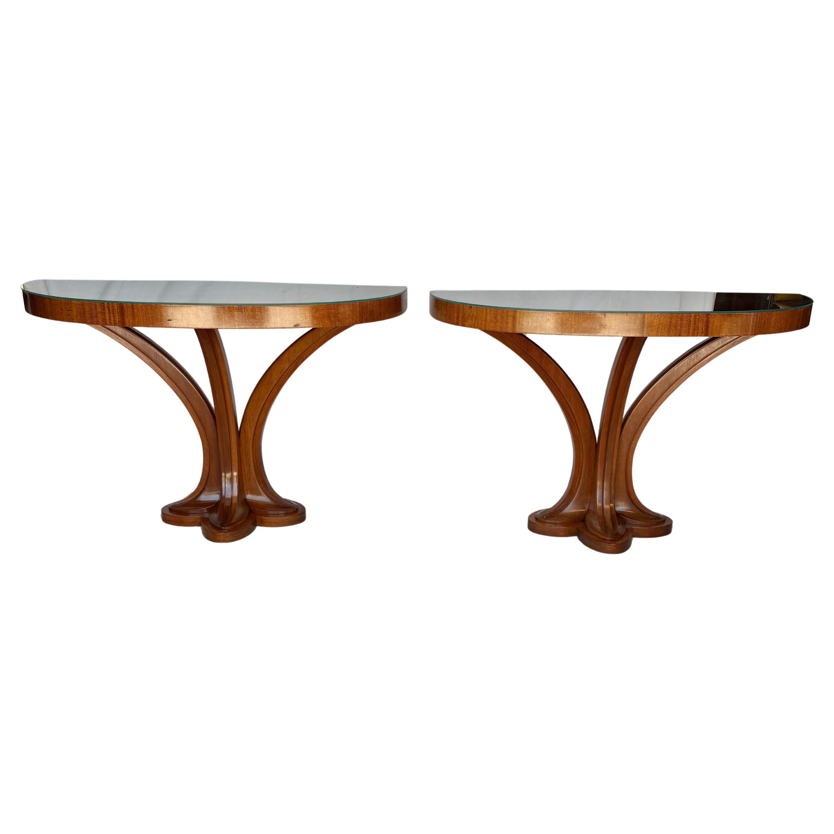 20. Jahrhundert Nussbaum Tulip Design Demi Lune Konsolentische - Ein Paar im Angebot