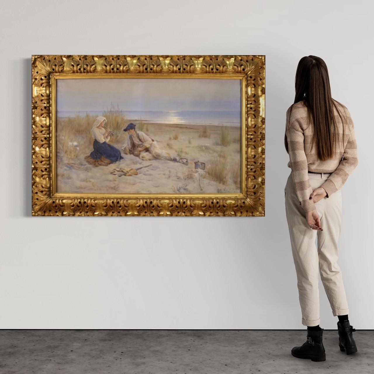 Acuarela italiana antigua de principios del siglo XX. Dibujo en técnica mixta montado en un marco de madera que representa un paisaje marino con jóvenes pastores de excelente calidad pictórica. Cuadro de gran tamaño e impacto adornado con un marco