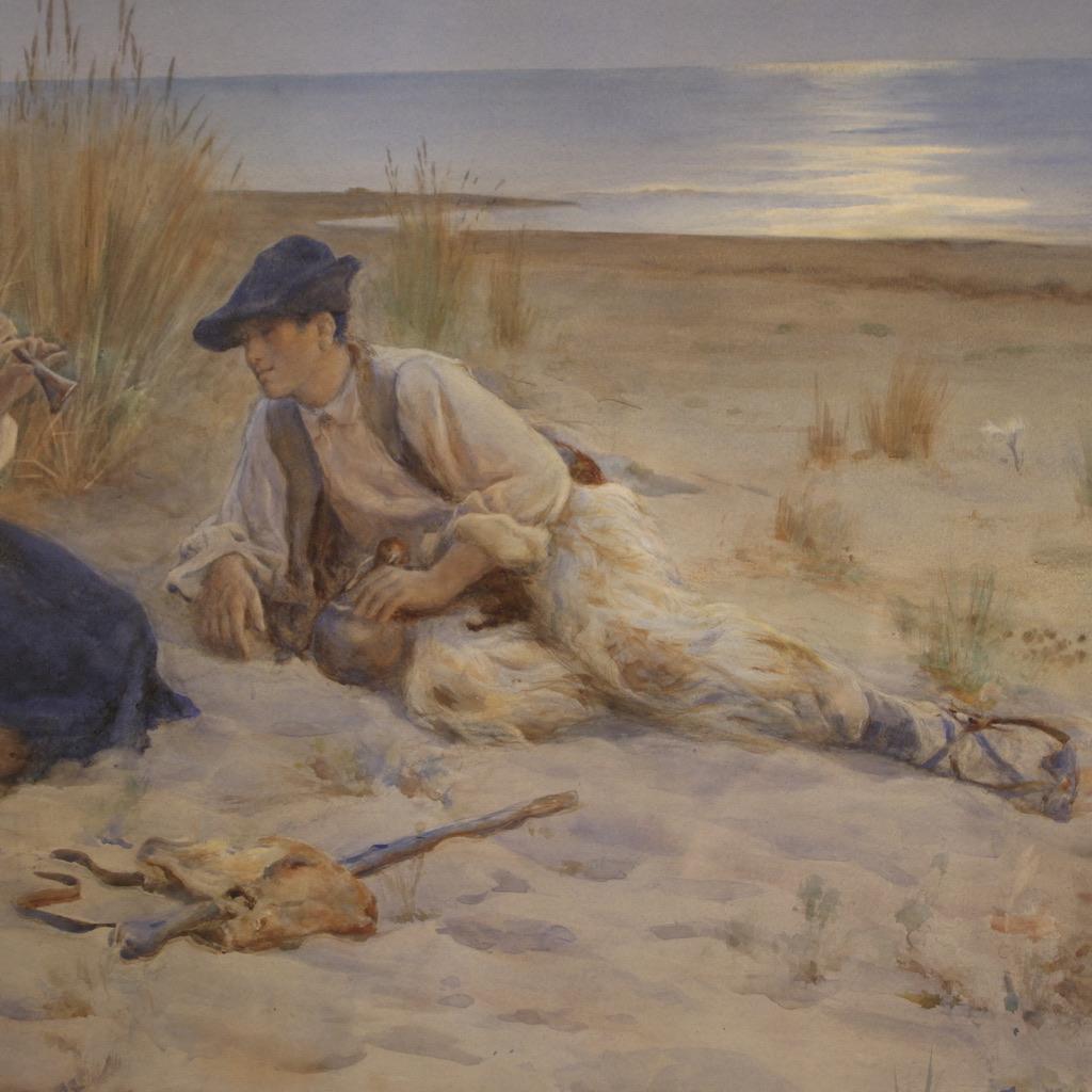 20ème siècle aquarelle Italienne Signée Seascape With Shepherds Painting , 1920 1
