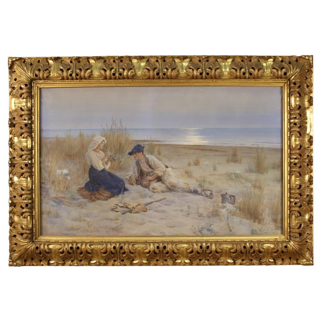 20th Century watercolor Italian Signed Seascape With Shepherds Painting , 1920 For Sale