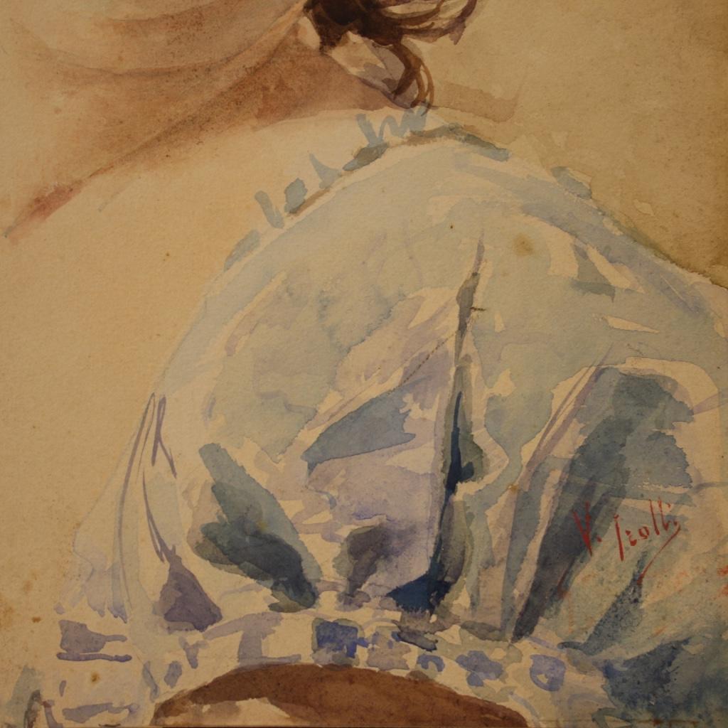 20th Century Watercolor on Cardboard Italian Painting Portrait of a Girl, 1920 5