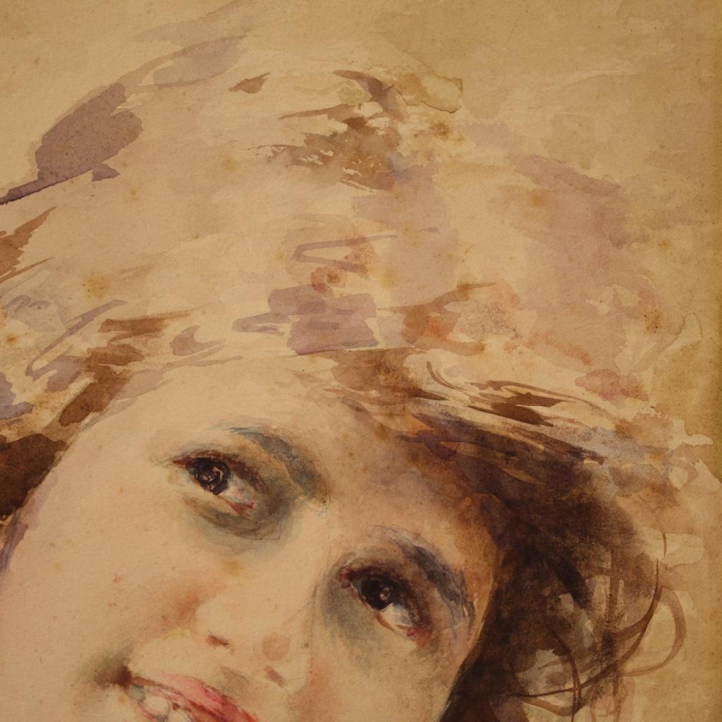 20th Century Watercolor on Cardboard Italian Painting Portrait of a Girl, 1920 6