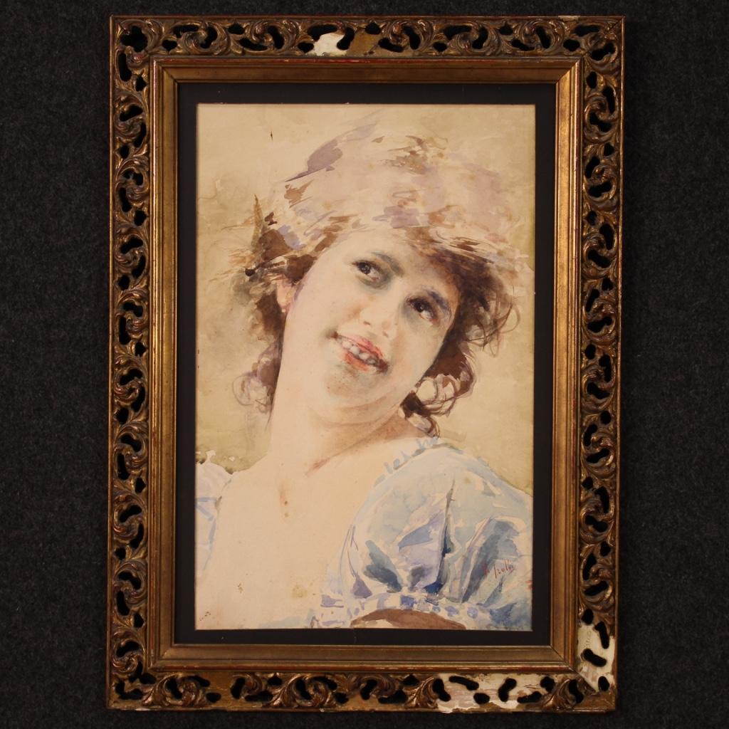 Italian watercolor from the first half of the 20th century. Framework on cardboard depicting a portrait of a girl with a good pictorial quality. Modern frame in wood and plaster with various lack of decoration (see picture), to be restored or
