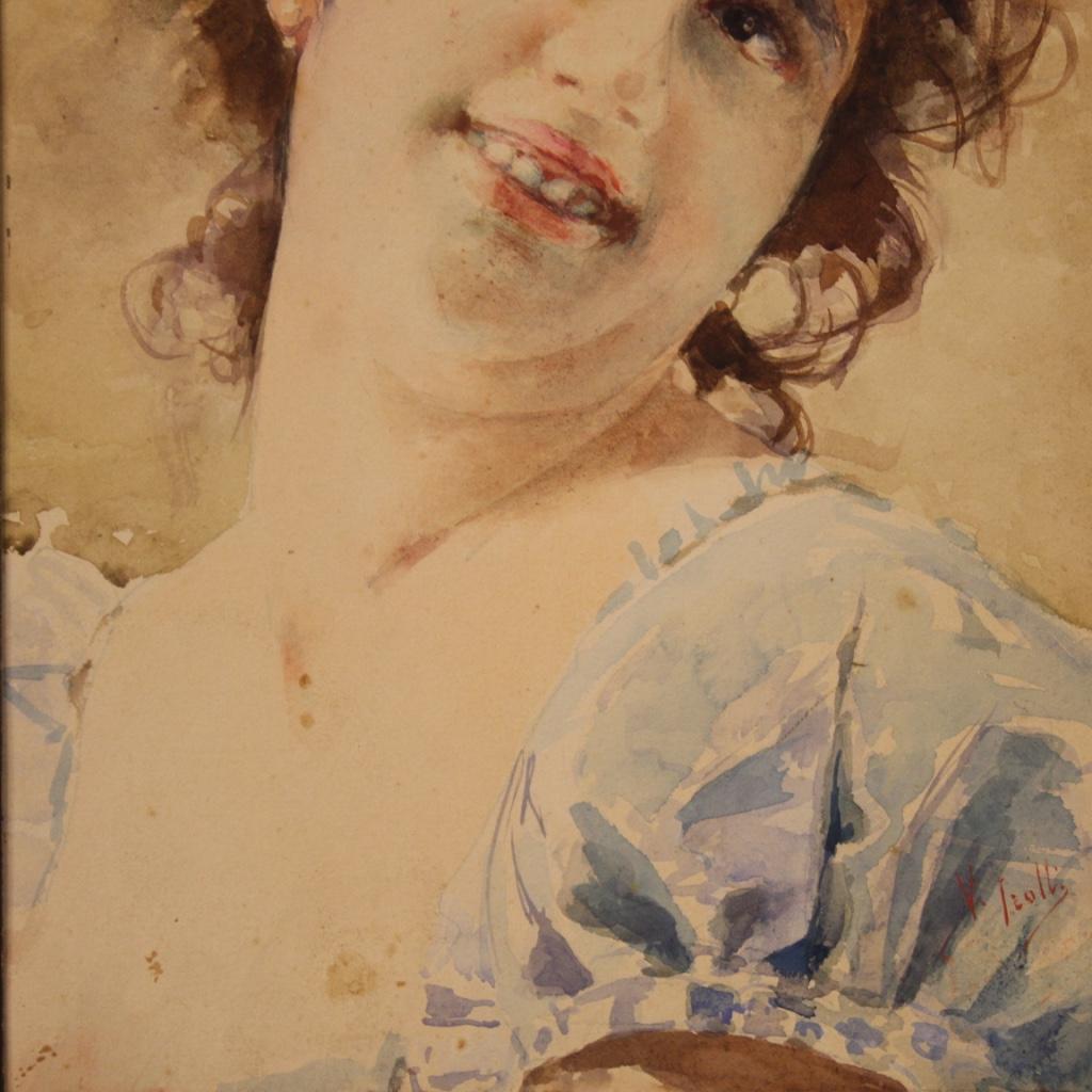 20th Century Watercolor on Cardboard Italian Painting Portrait of a Girl, 1920 2