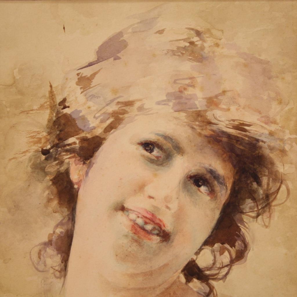 20th Century Watercolor on Cardboard Italian Painting Portrait of a Girl, 1920 3