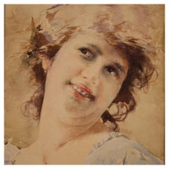 20th Century Watercolor on Cardboard Italian Painting Portrait of a Girl, 1920