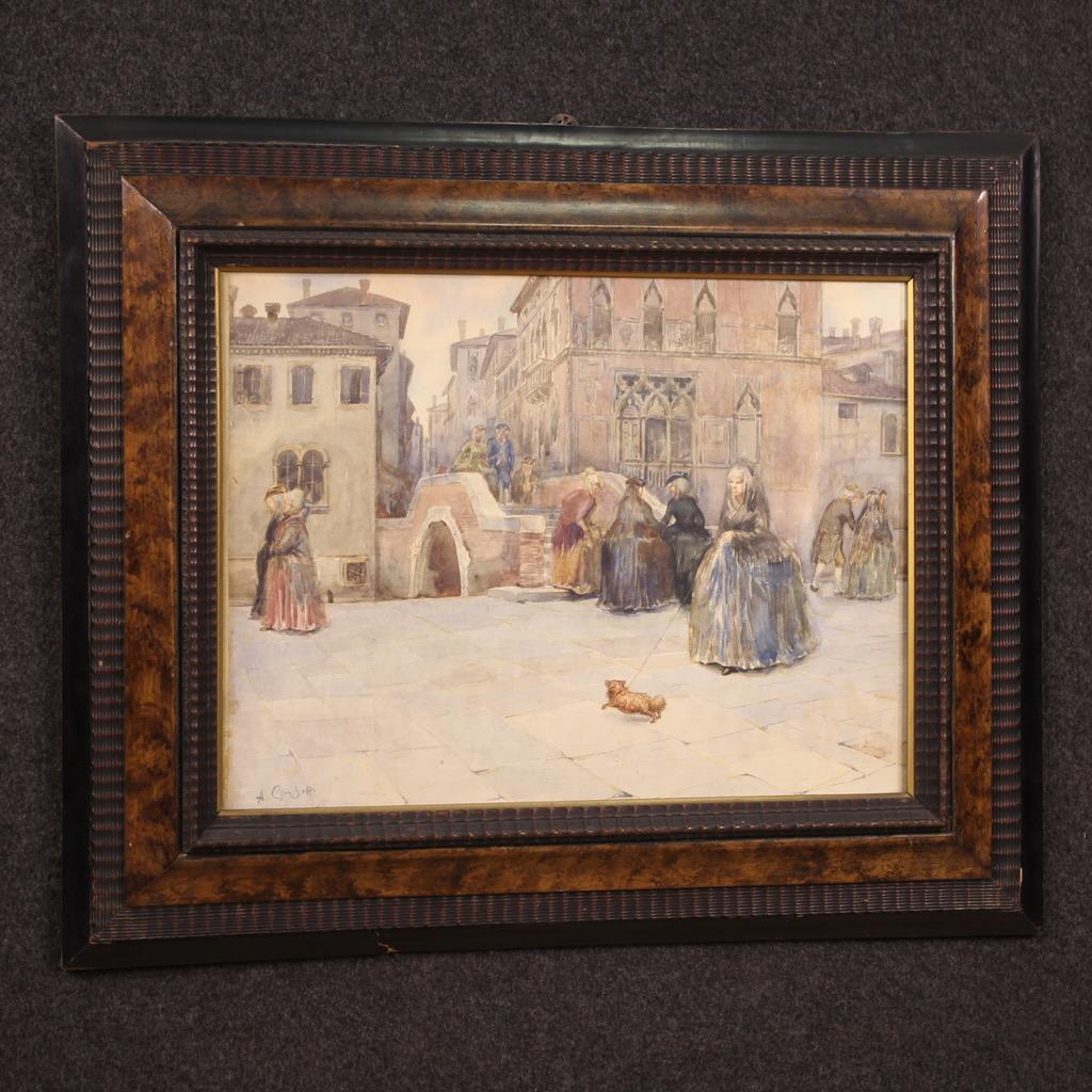20th Century Watercolor On Paper Italian Signed Painting View Of Venice, 1950 For Sale 6