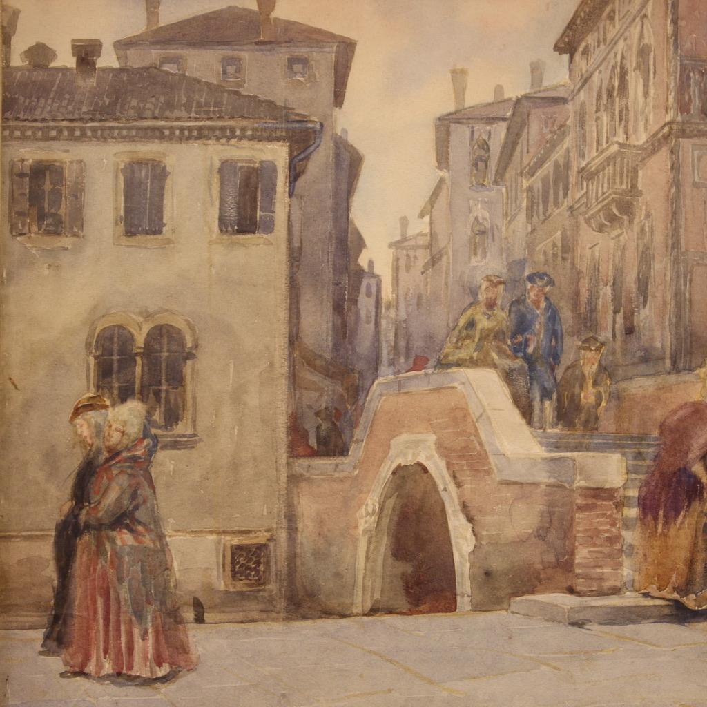 20th Century Watercolor On Paper Italian Signed Painting View Of Venice, 1950 In Good Condition For Sale In Vicoforte, Piedmont