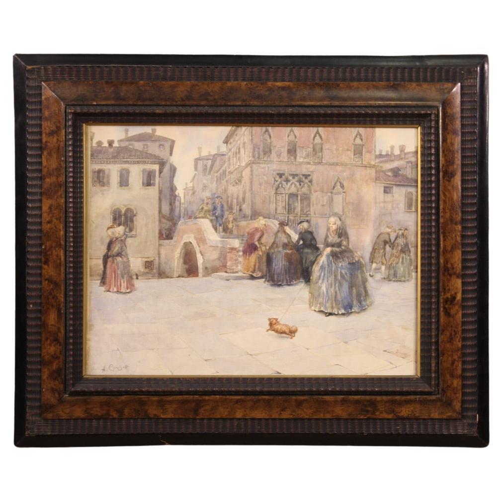 20th Century Watercolor On Paper Italian Signed Painting View Of Venice, 1950 For Sale