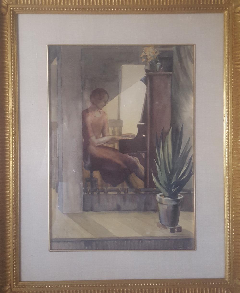 This watercolor painting is signed on the lower right in pencil, W. J. Eckert '37. I purchased this painting in 1990 from a gallery in Santa Monica, California. It had recently been framed by the gallery in it's current, metal leaf frame and it