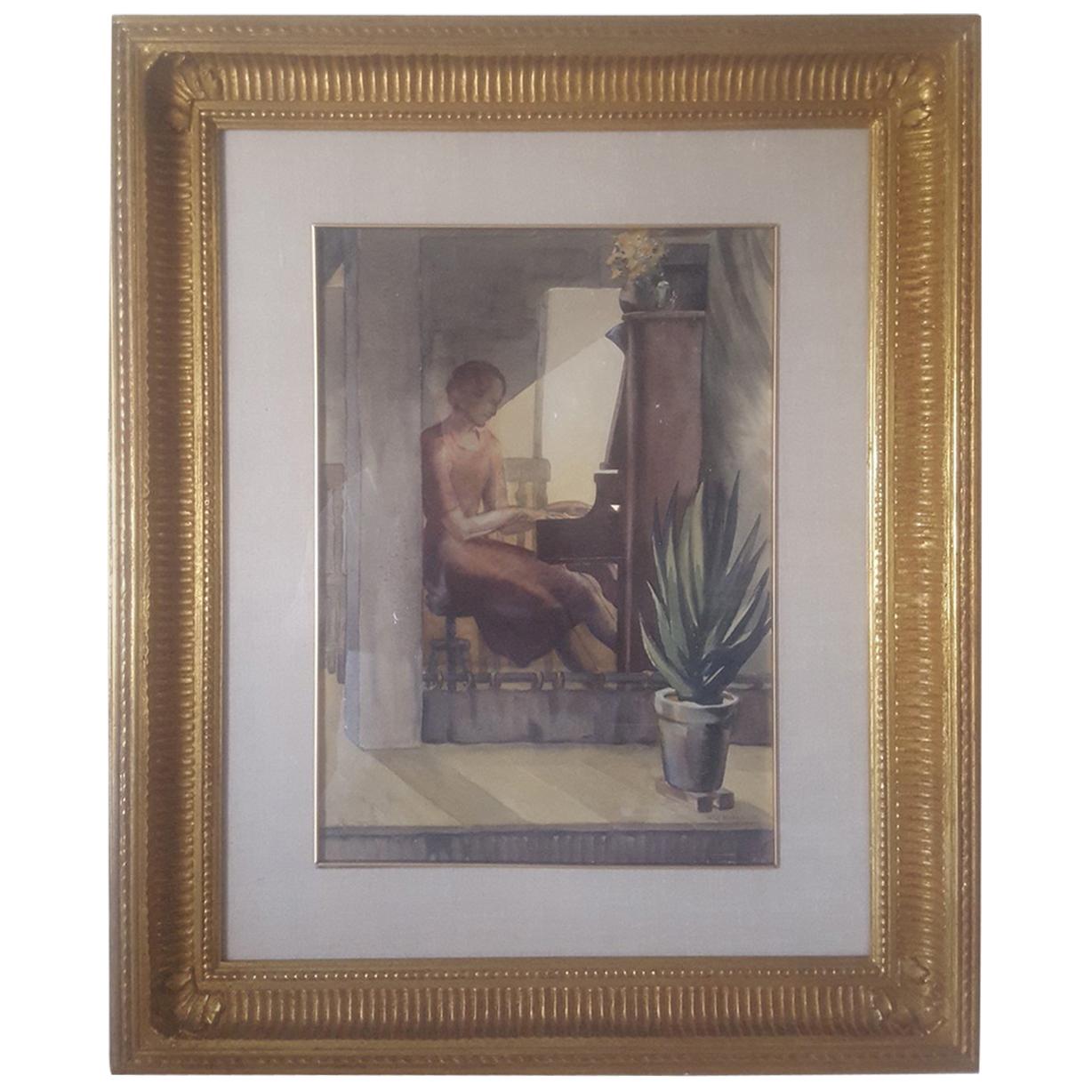20th Century Watercolor Painting "Interior, Woman at Piano" 1937, W. J. Eckert
