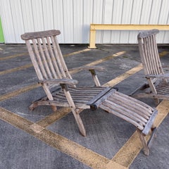 20th Century Weathered Teak Steamer Deck Lounge Chairs, a Pair