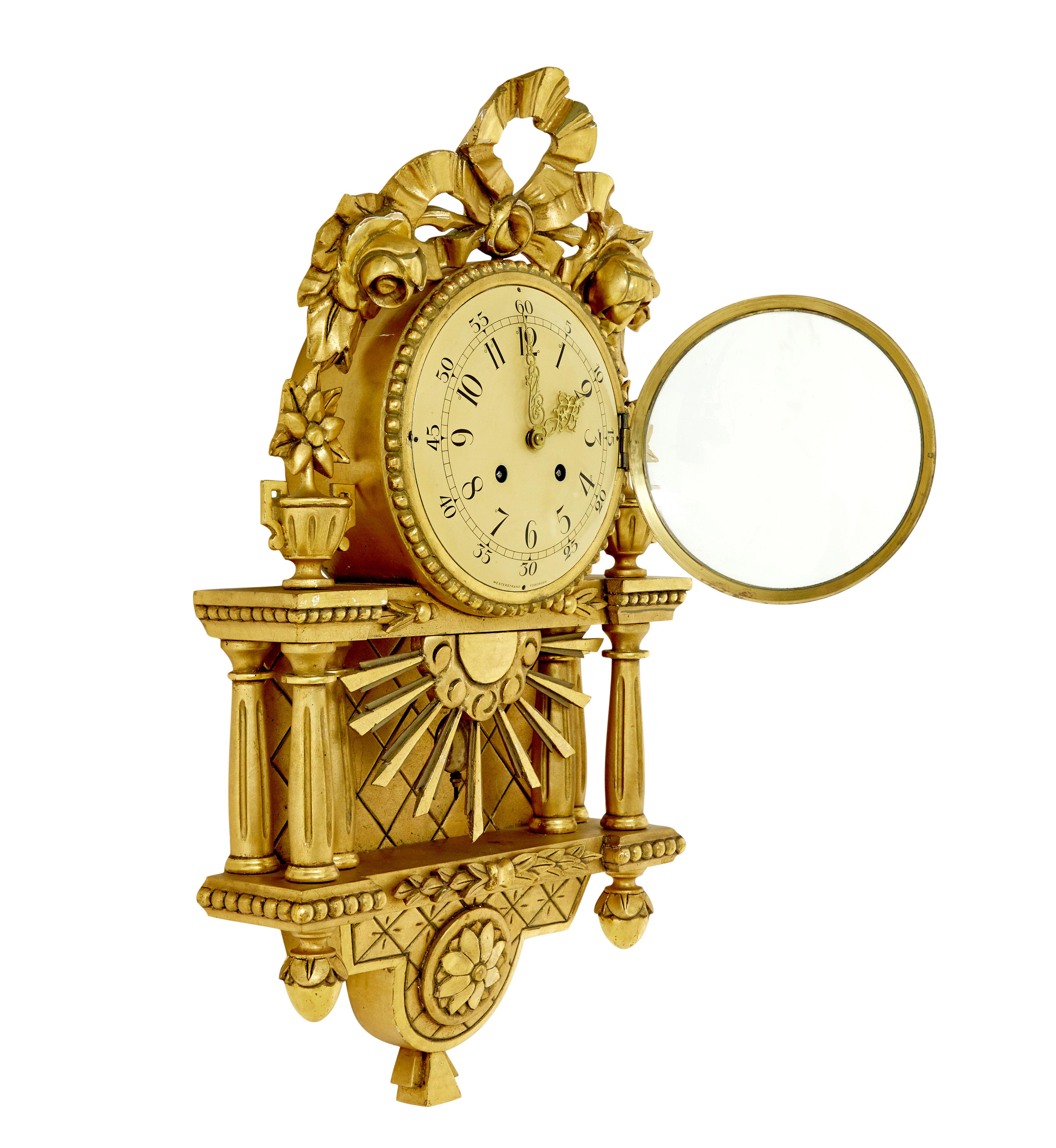 Hand-Carved 20th century Westerstrand rococo revival gilt wall clock For Sale