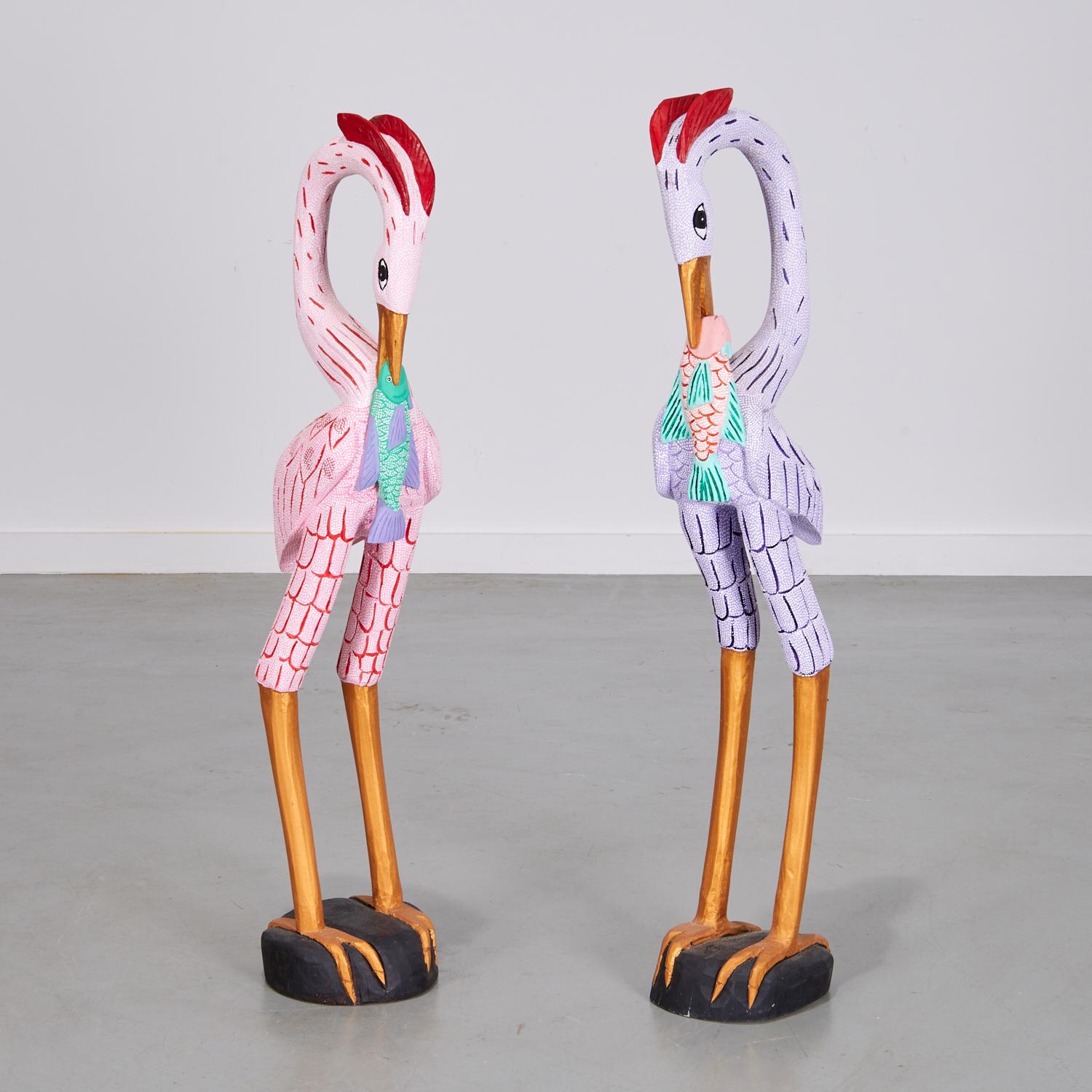 20th Century - Whimsical Pair of Large Carved and Painted Wood Flamingos For Sale 2