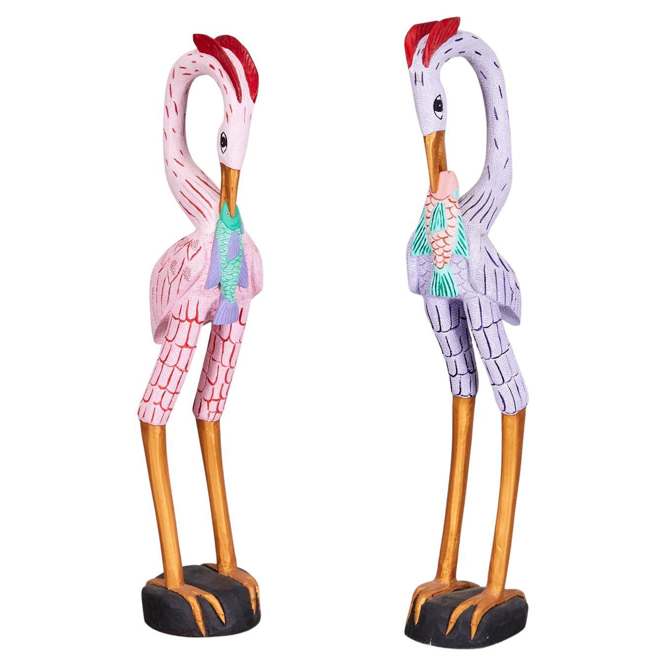 20th Century - Whimsical Pair of Large Carved and Painted Wood Flamingos