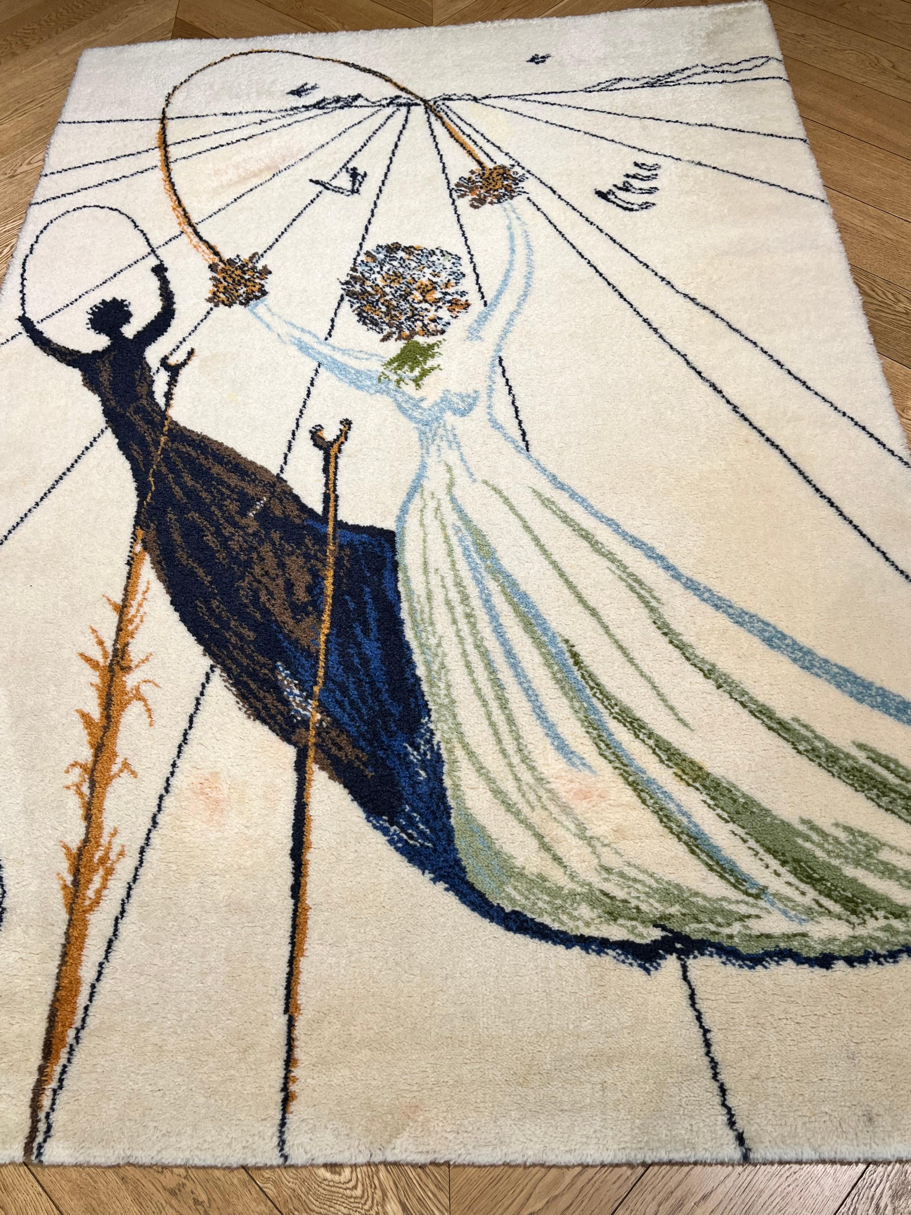 Hand-Woven 20th Century White and Blue Alice in Wonderland Salvador Dalí Rug, ca 1977 For Sale