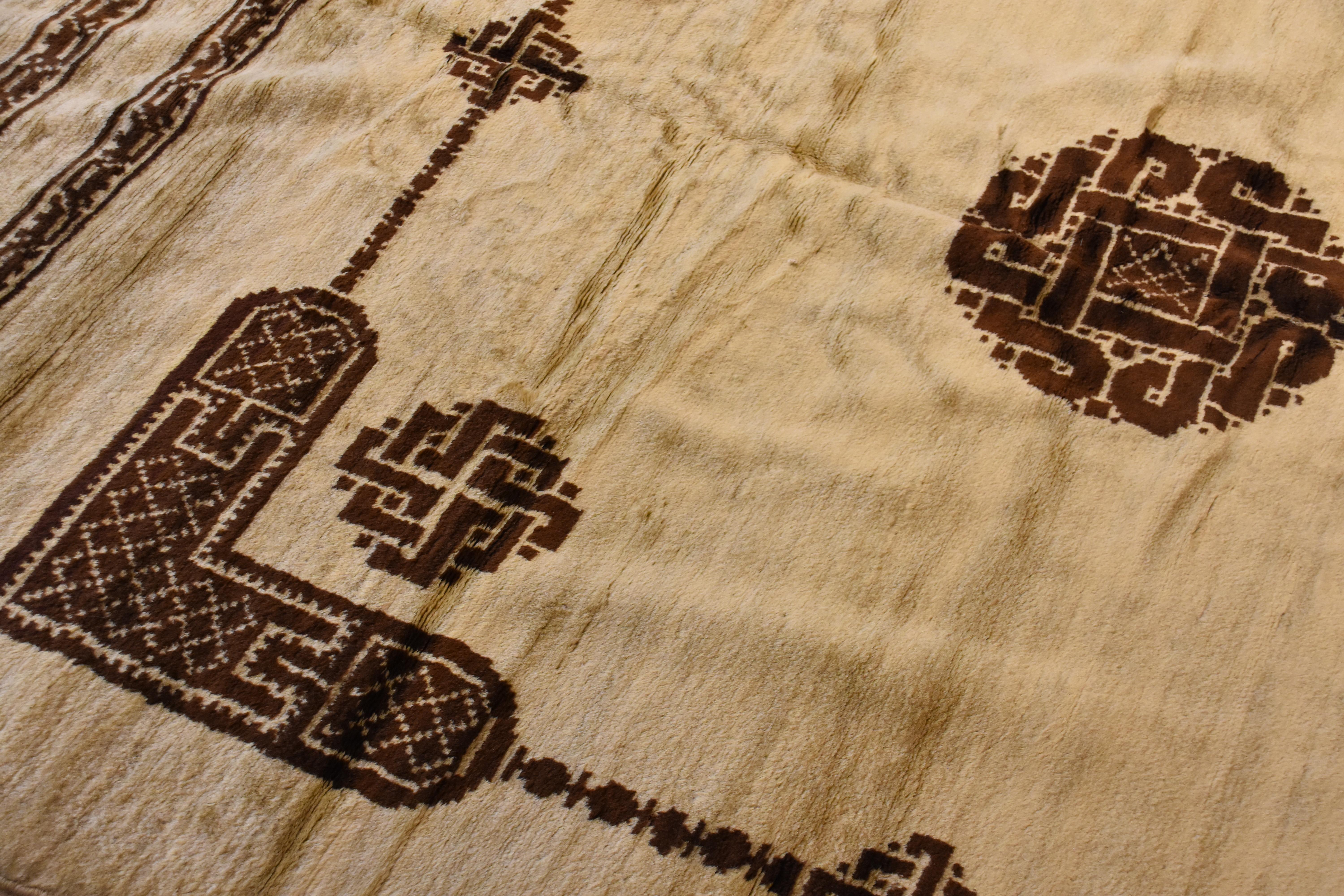Hand-Knotted 20th Century White and Brown Roman Coptic Design North Africa Rug, circa 1900s For Sale