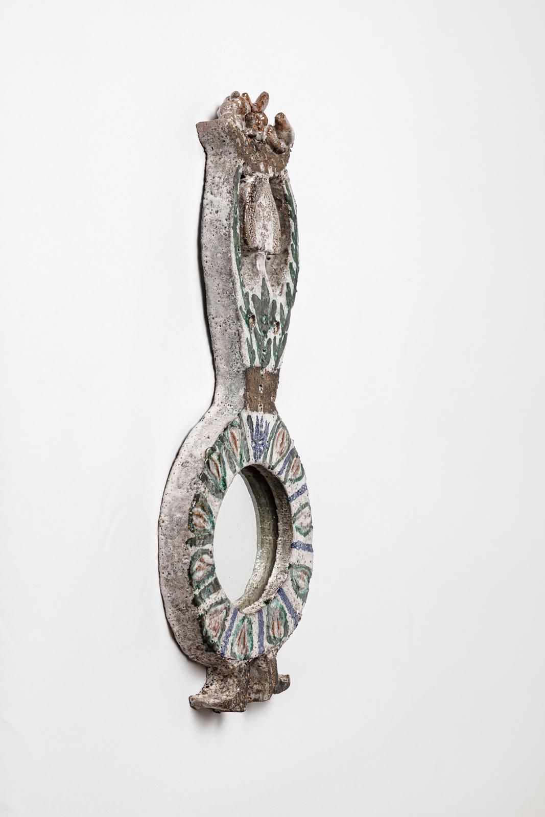 Ceramic 20th century white and colored personnage ceramic wall mirror by Albert Thiry