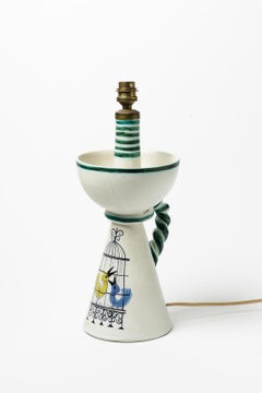 20th Century White and Green Ceramic Table Lamp by Cerenne Vallauris 1950