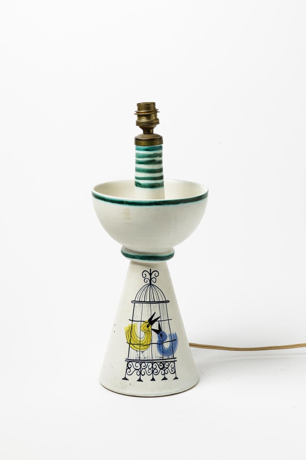 Mid-Century Modern Lampe de table en céramique blanche et verte du XXe siècle par Cerenne Vallauris, 1950 en vente