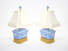 20th Century White/Blue Porcelain Gilt Gold Painted Wood Base Small Table Lamp.