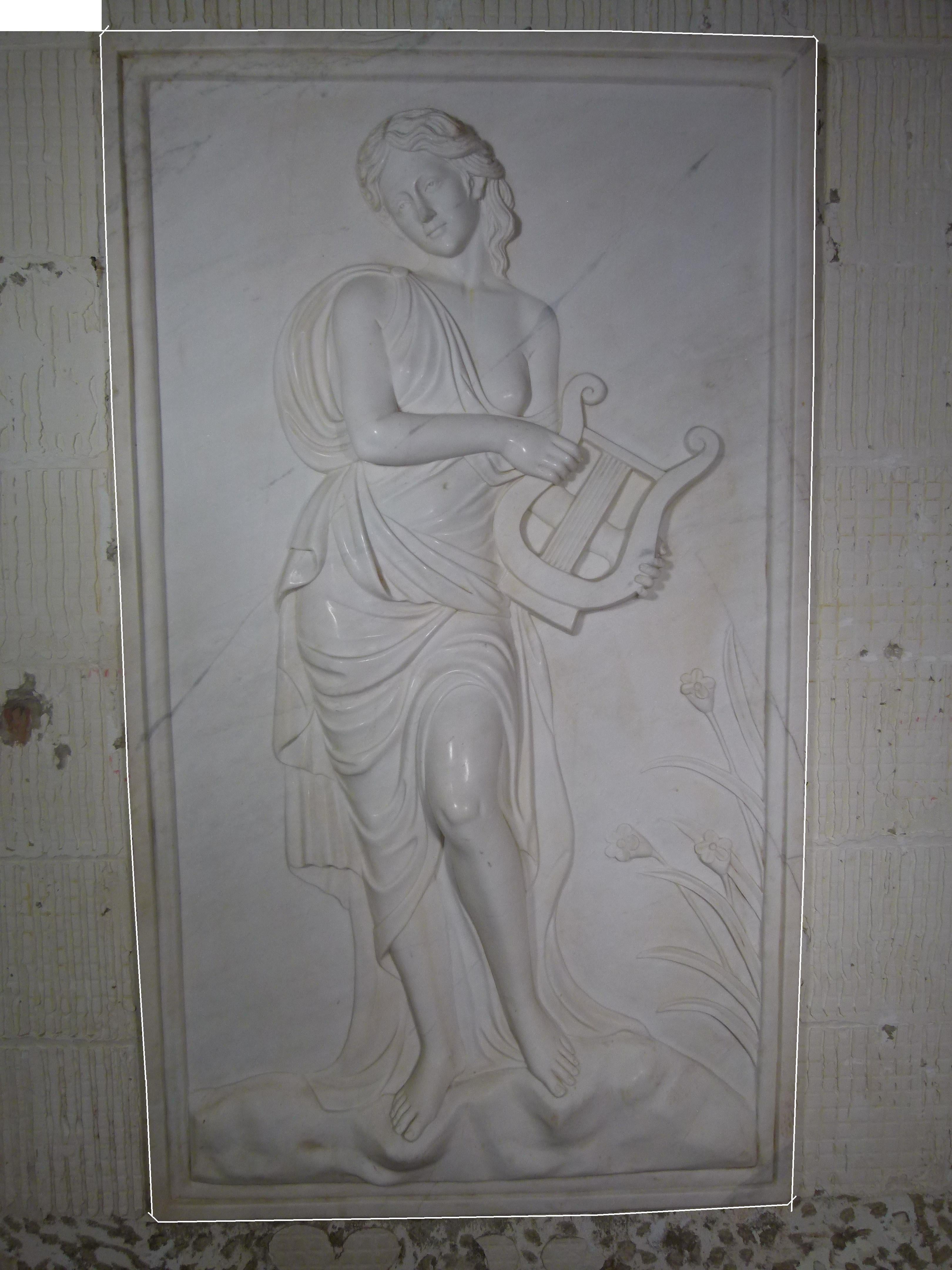 20th century white Carrara marble plaster relief with a women's figure playing the harp, that remembers us the paintings in the renaissance.