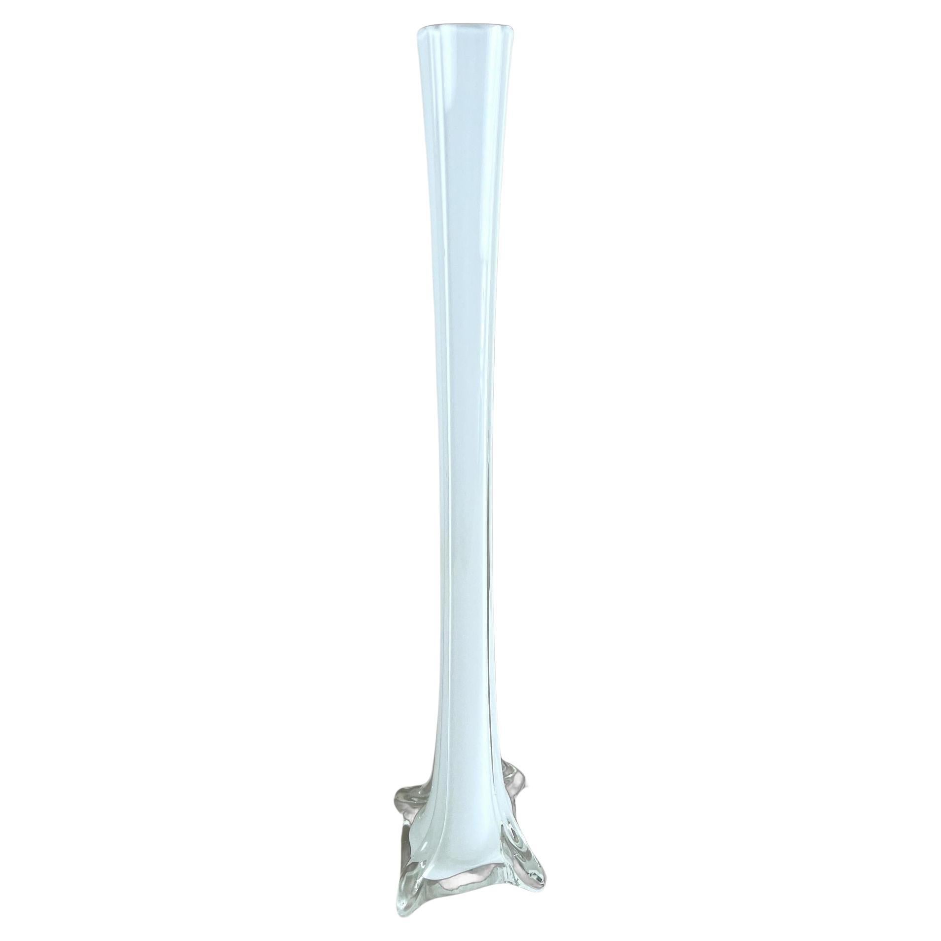 20th Century White/ Clear Murano Glass Long Neck Vase, Italy ca. 1960