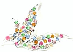 20th Century White Enamel & Austrian Crystal Abstract Brooch & Earrings S/3