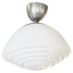 20th Century White French Art Deco Brass Ceiling Lamp, Frosted Glass Pendant
