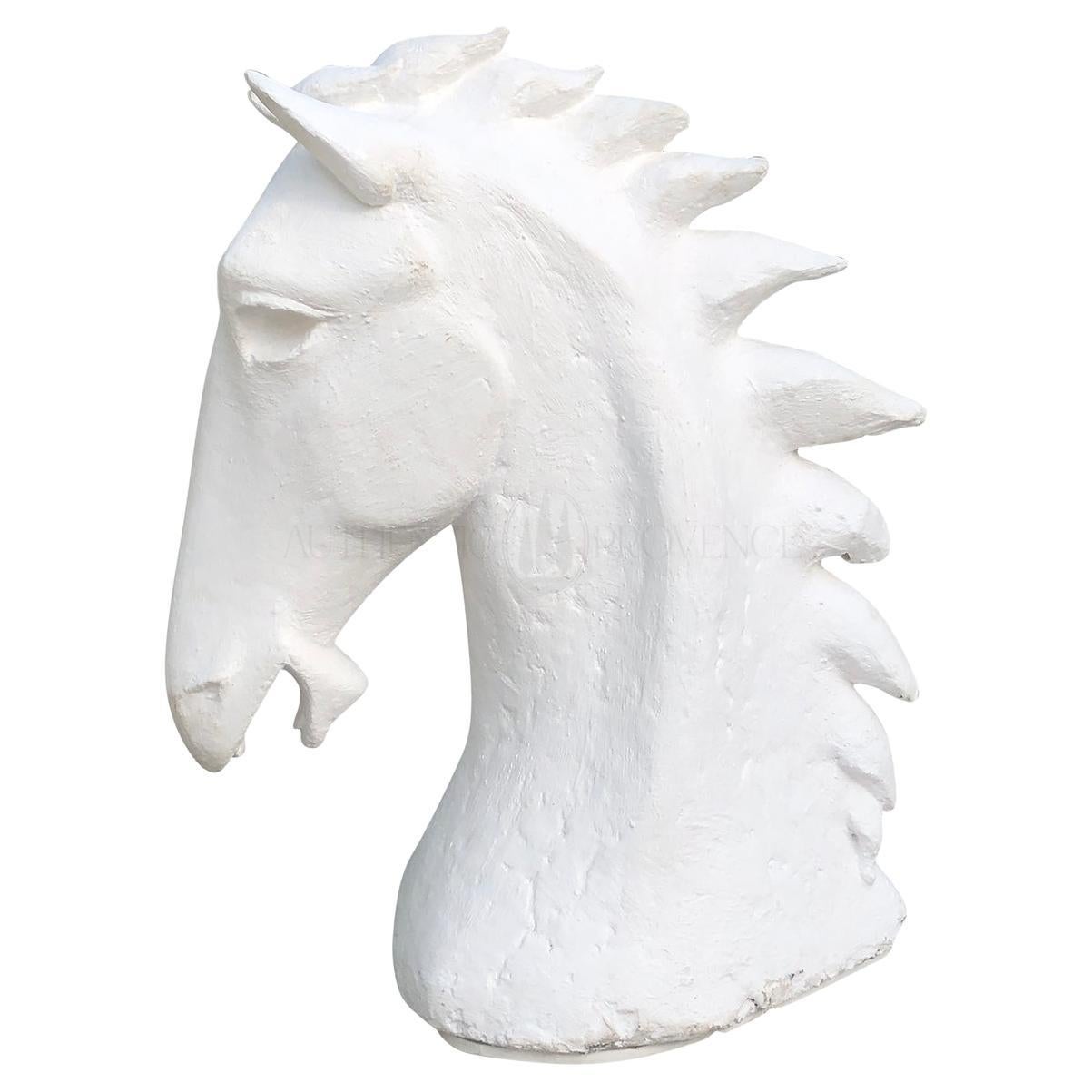 20th Century White French Art Deco Plaster Horse, Vintage Parisian Décor Head For Sale