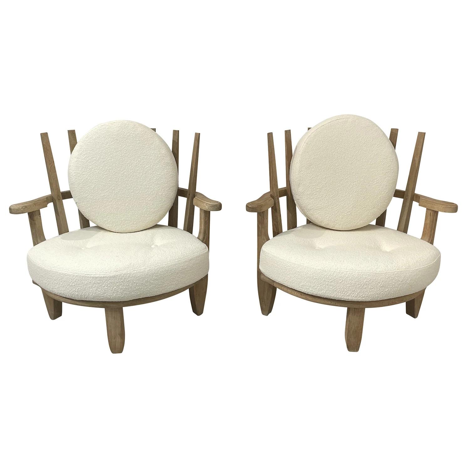 Mid-Century Modern 20th Century White French Pair of Bleached Oak Chairs by Guillerme et Chambron