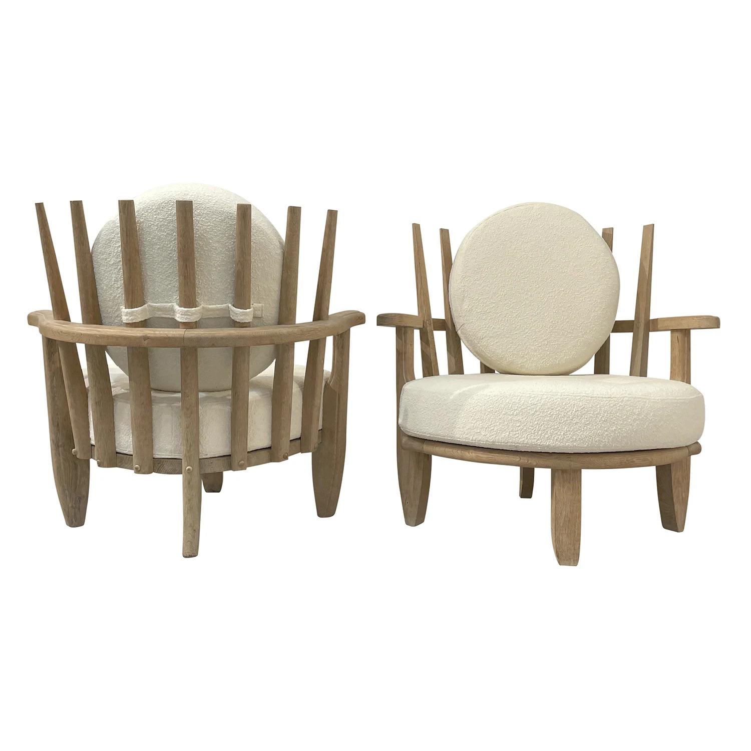 Fabric 20th Century White French Pair of Bleached Oak Chairs by Guillerme et Chambron