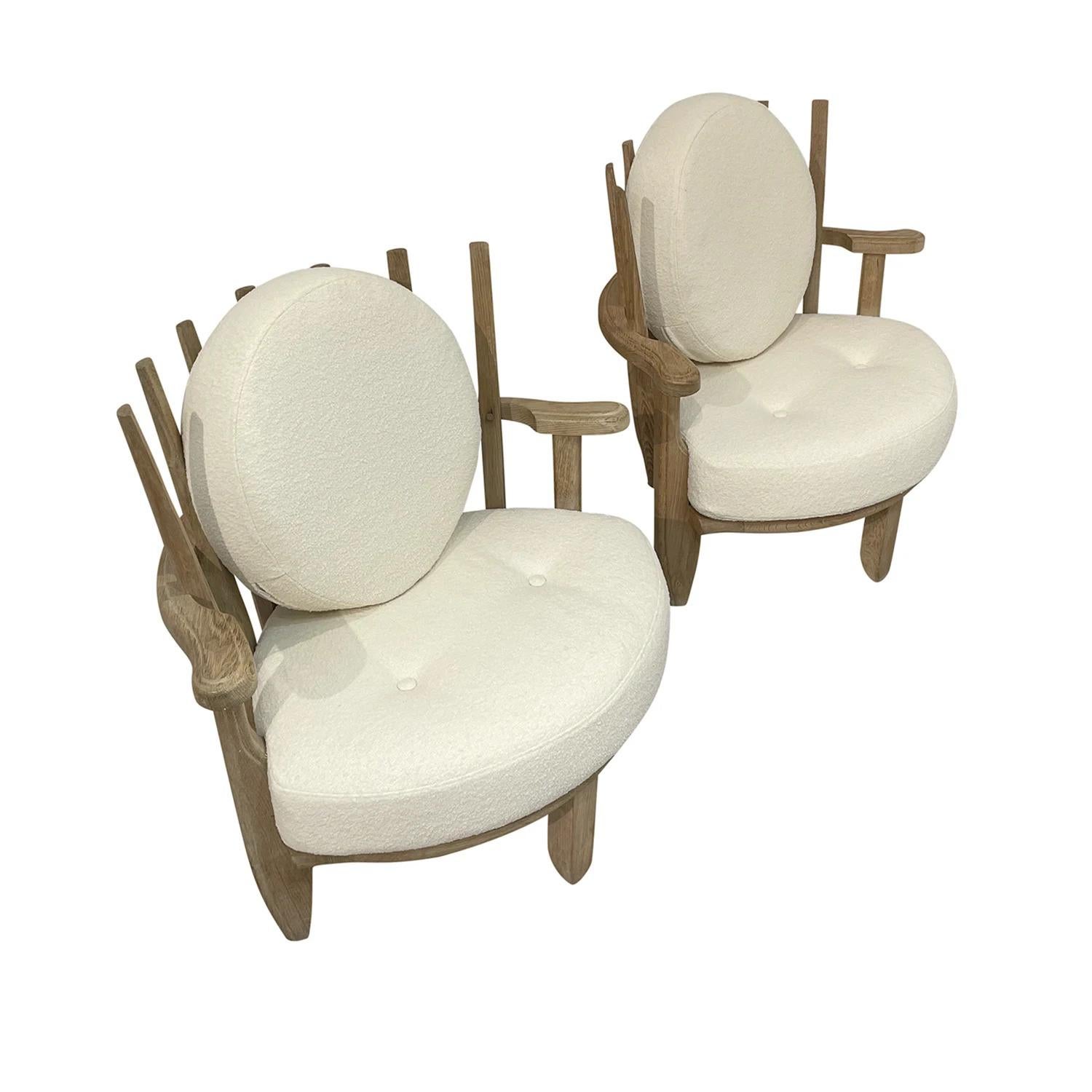 20th Century White French Pair of Bleached Oak Chairs by Guillerme et Chambron 1