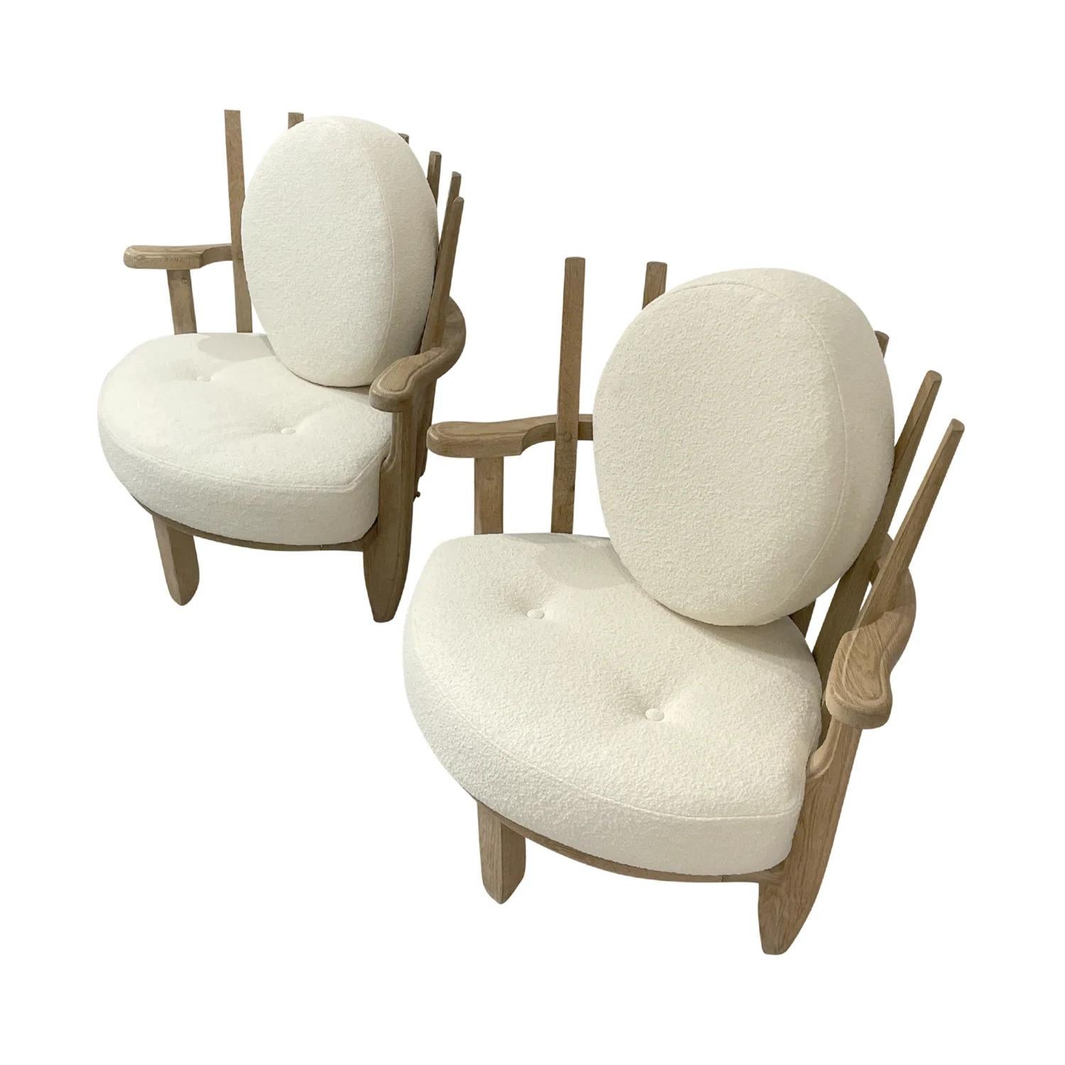 20th Century White French Pair of Bleached Oak Chairs by Guillerme et Chambron 2
