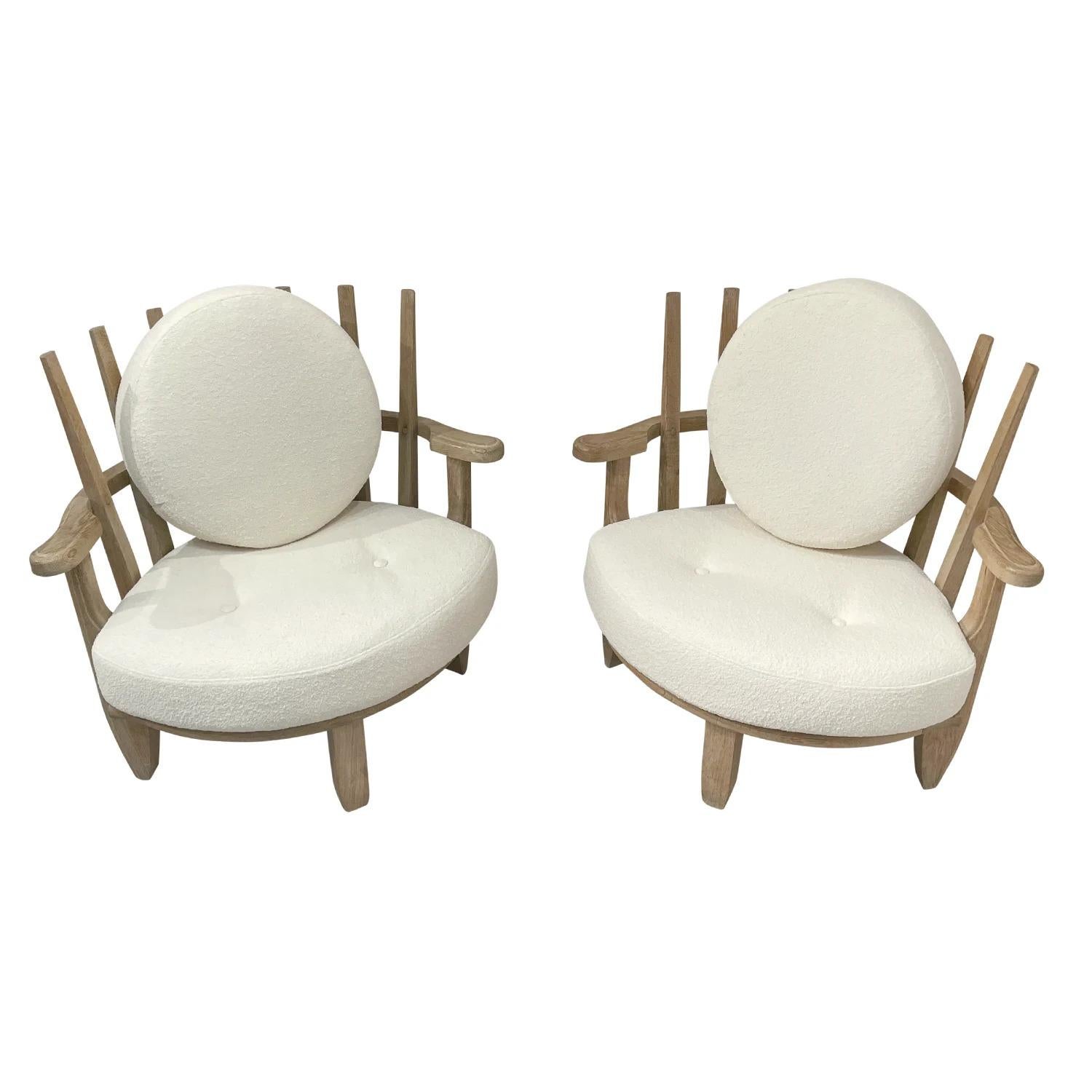 20th Century White French Pair of Bleached Oak Chairs by Guillerme et Chambron 3