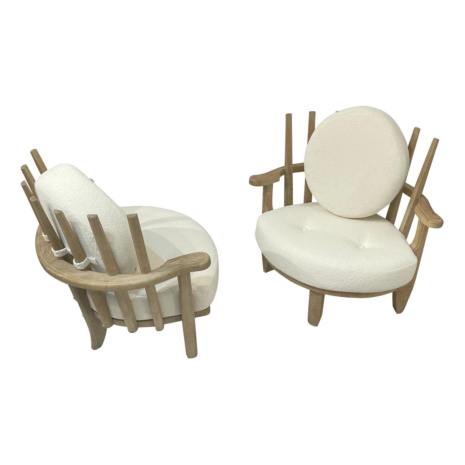 20th Century White French Pair of Bleached Oak Chairs by Guillerme et Chambron 4