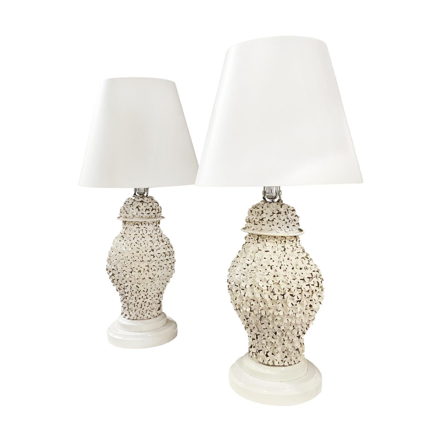 Art Deco 20th Century White French Pair of Floral Porcelain Table Lamps, Vintage Light