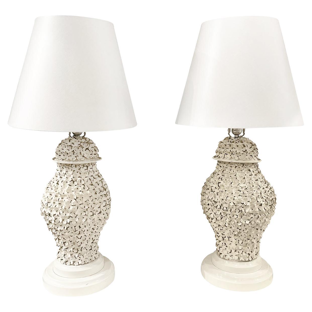 20th Century White French Pair of Floral Porcelain Table Lamps, Vintage Light