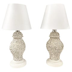 20th Century White French Pair of Floral Porcelain Table Lamps, Vintage Light