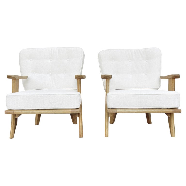 20th Century, White French Pair of Oak Lounge Chairs by Guillerme et