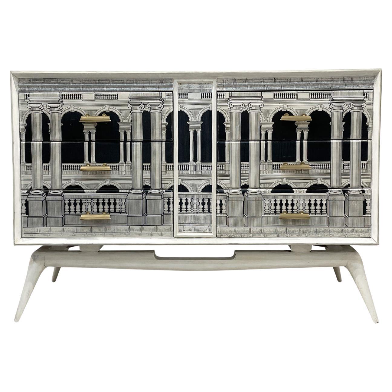 20th Century Italian Painted Walnut Dresser in the style of Piero Fornasetti For Sale