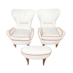 20th Century White Italian Pair of Walnut Lounge Chairs & Ottoman by Paolo Buffa