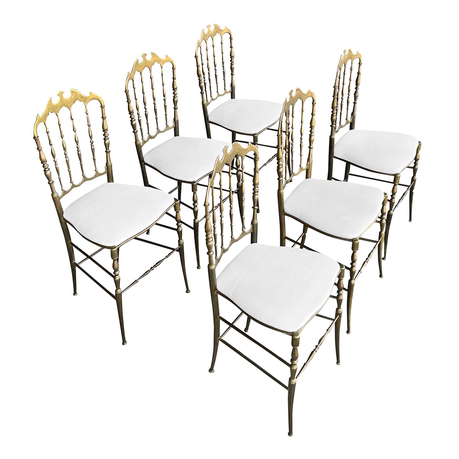 Art Deco 20th Century White Italian Set of Six Modernist Brass Dining Chairs by Chiavari For Sale
