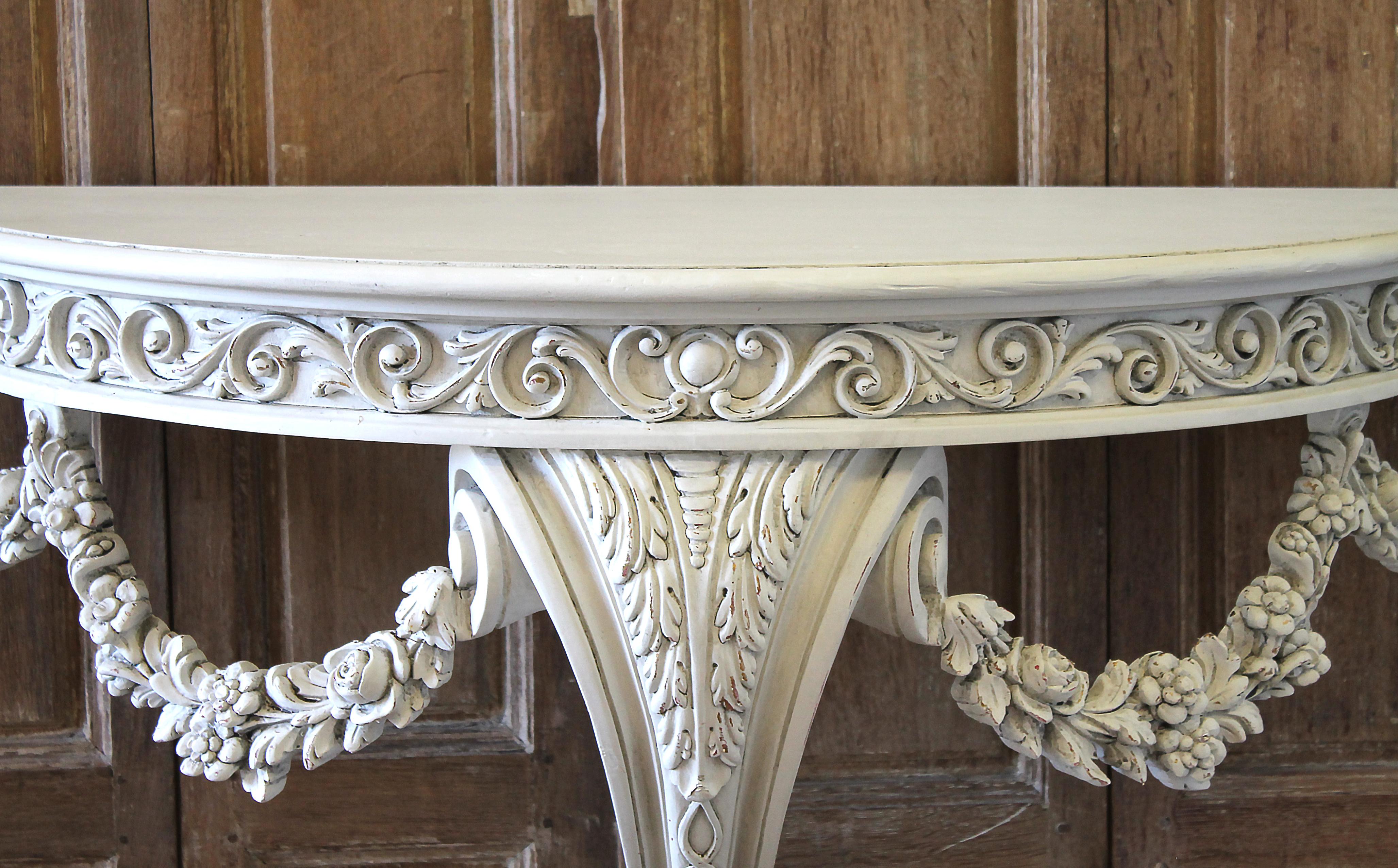 Romantic 20th Century White Painted Rose Swag Console Table